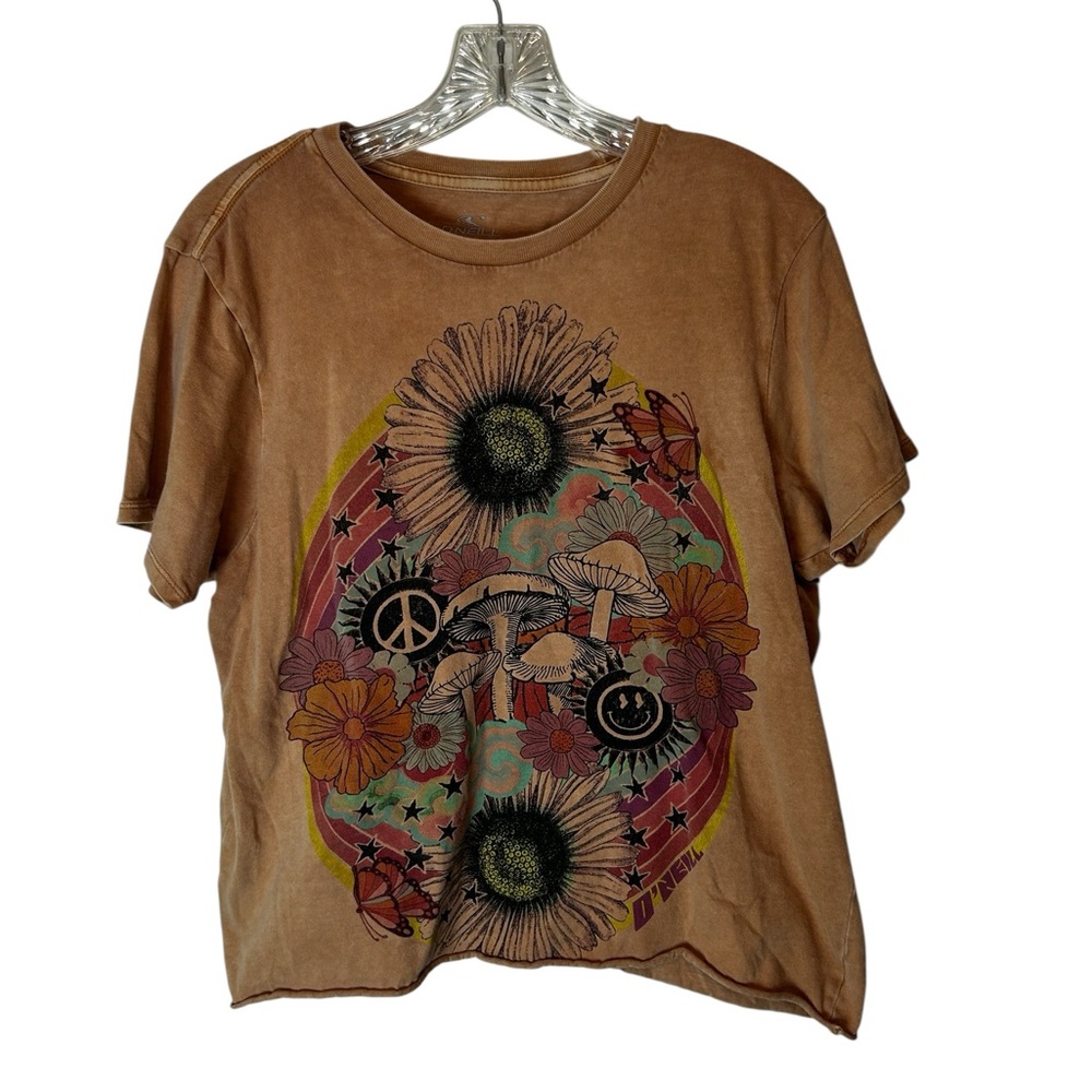 O’Neill Surf Tee – Faded Orange Raw‑Hem Retro 70s Graphic – Size XS